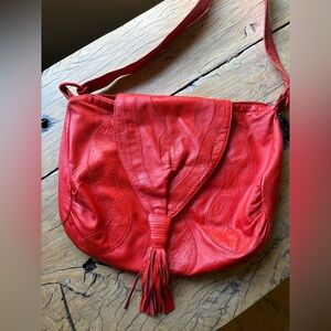 Vintage Embossed Red Leather Shoulder Bag with tassel